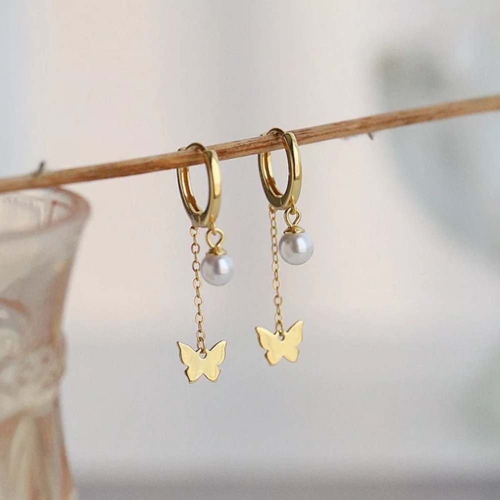New 18K Gold Vermeil Sterling Silver 925 Pearl Bead Butterfly Hoops set